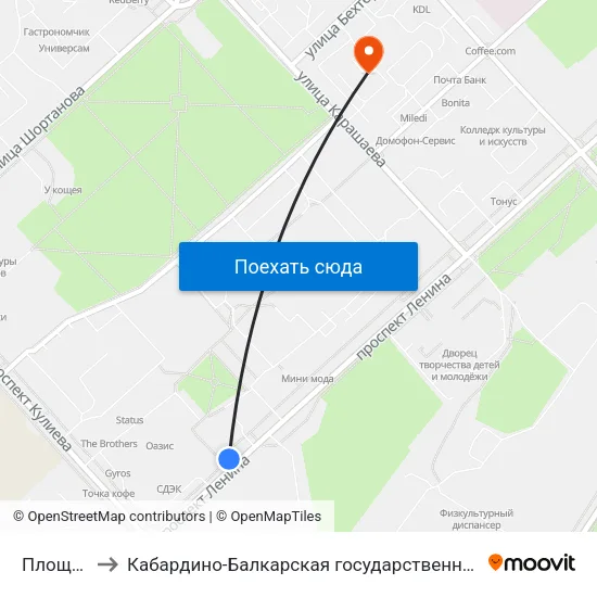Площадь Абхазии to Кабардино-Балкарская государственная сельскохозяйственная академия имени В.М. Кокова. map