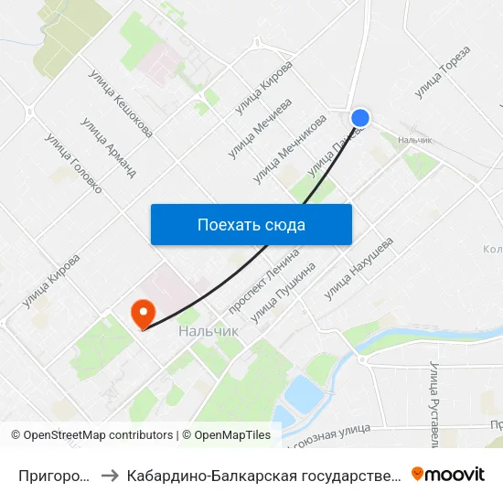 Пригородный Автовокзал to Кабардино-Балкарская государственная сельскохозяйственная академия имени В.М. Кокова. map