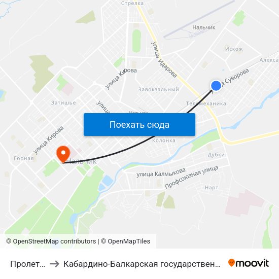 Пролетарская Улица to Кабардино-Балкарская государственная сельскохозяйственная академия имени В.М. Кокова. map