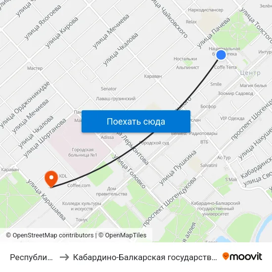 Республиканская Библиотека to Кабардино-Балкарская государственная сельскохозяйственная академия имени В.М. Кокова. map