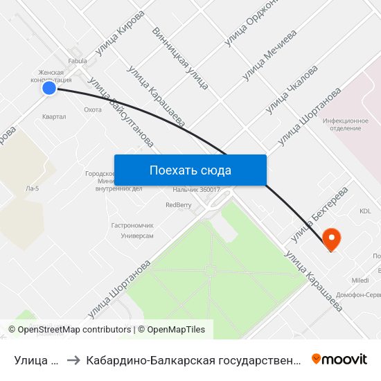 Улица Байсултанова to Кабардино-Балкарская государственная сельскохозяйственная академия имени В.М. Кокова. map