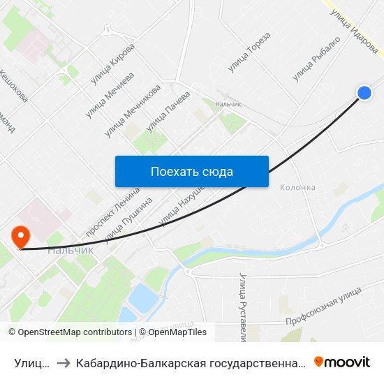 Улица Геттуева to Кабардино-Балкарская государственная сельскохозяйственная академия имени В.М. Кокова. map