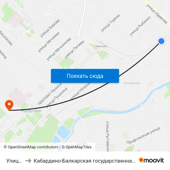 Улица Геттуева to Кабардино-Балкарская государственная сельскохозяйственная академия имени В.М. Кокова. map