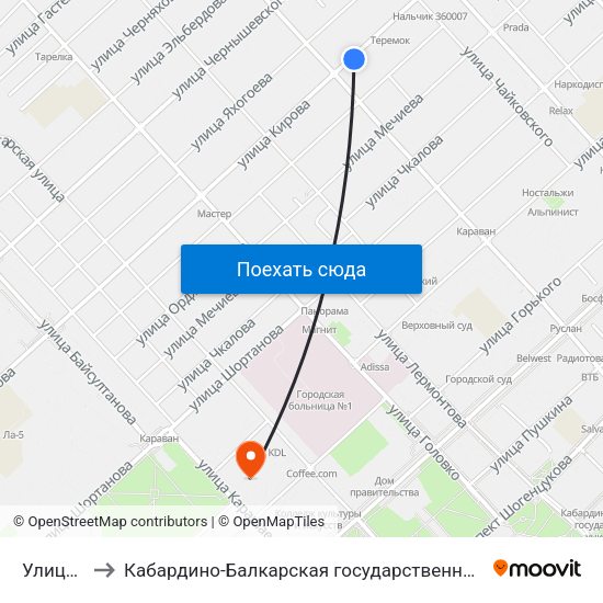 Улица Кешокова to Кабардино-Балкарская государственная сельскохозяйственная академия имени В.М. Кокова. map