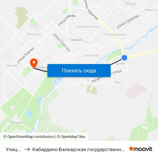 Улица Шогенова to Кабардино-Балкарская государственная сельскохозяйственная академия имени В.М. Кокова. map