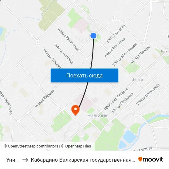 Университет to Кабардино-Балкарская государственная сельскохозяйственная академия имени В.М. Кокова. map