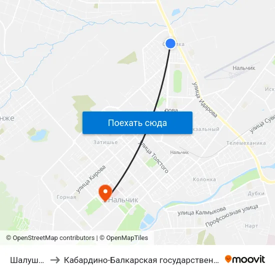 Шалушкинская Улица to Кабардино-Балкарская государственная сельскохозяйственная академия имени В.М. Кокова. map