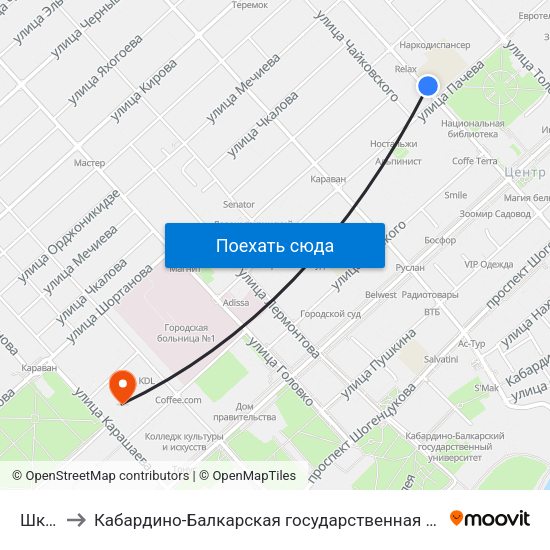 Школа №5 to Кабардино-Балкарская государственная сельскохозяйственная академия имени В.М. Кокова. map