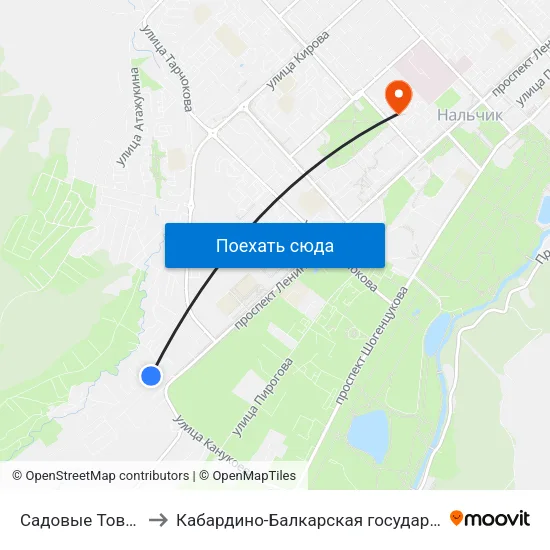 Садовые Товарищества Спутник И Дружба to Кабардино-Балкарская государственная сельскохозяйственная академия имени В.М. Кокова. map