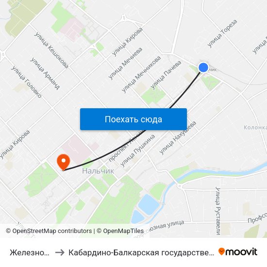Железнодорожный Вокзал to Кабардино-Балкарская государственная сельскохозяйственная академия имени В.М. Кокова. map