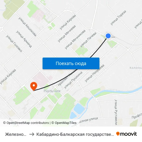 Железнодорожный Вокзал to Кабардино-Балкарская государственная сельскохозяйственная академия имени В.М. Кокова. map