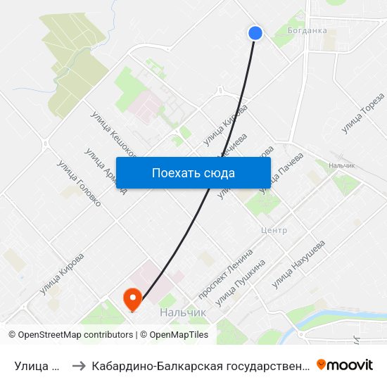 Улица Чернышевского to Кабардино-Балкарская государственная сельскохозяйственная академия имени В.М. Кокова. map