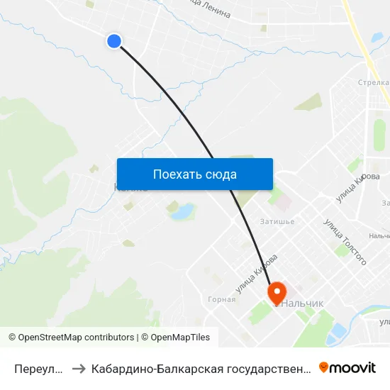 Переулок Кучменовой to Кабардино-Балкарская государственная сельскохозяйственная академия имени В.М. Кокова. map