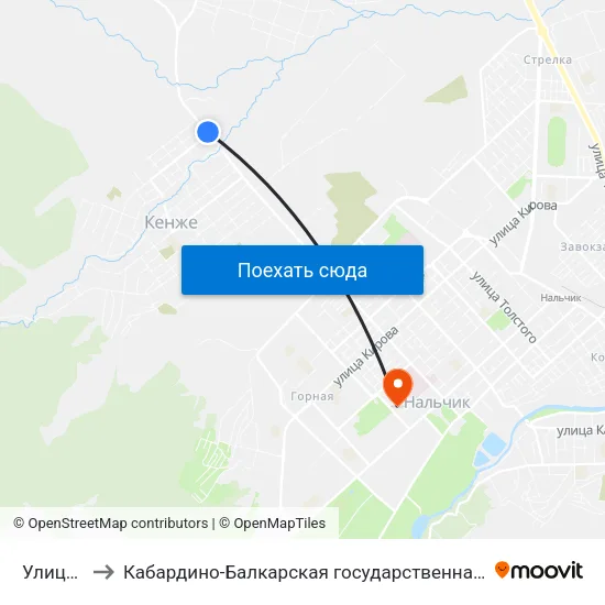 Улица Ахметова to Кабардино-Балкарская государственная сельскохозяйственная академия имени В.М. Кокова. map
