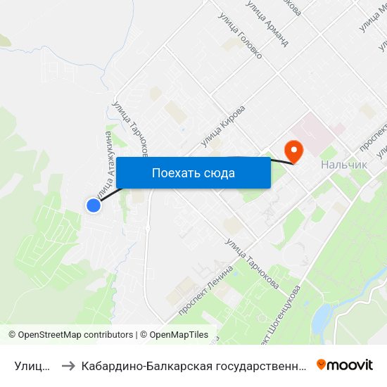 Улица Атажукина to Кабардино-Балкарская государственная сельскохозяйственная академия имени В.М. Кокова. map