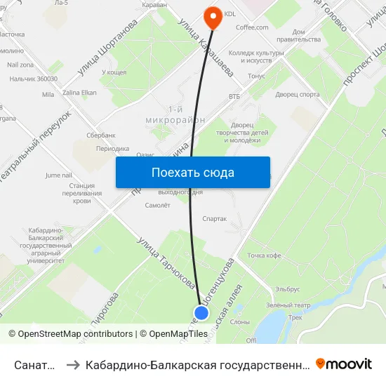 Санаторий Нальчик to Кабардино-Балкарская государственная сельскохозяйственная академия имени В.М. Кокова. map