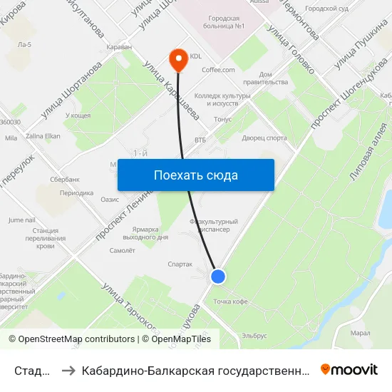 Стадион Спартак to Кабардино-Балкарская государственная сельскохозяйственная академия имени В.М. Кокова. map