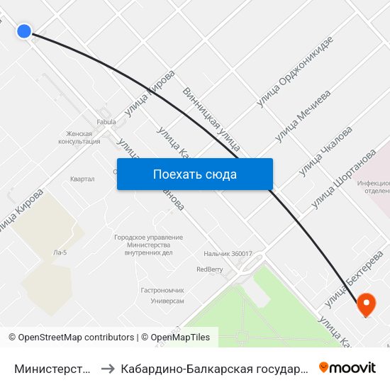Министерство Чрезвычайных Ситуаций to Кабардино-Балкарская государственная сельскохозяйственная академия имени В.М. Кокова. map