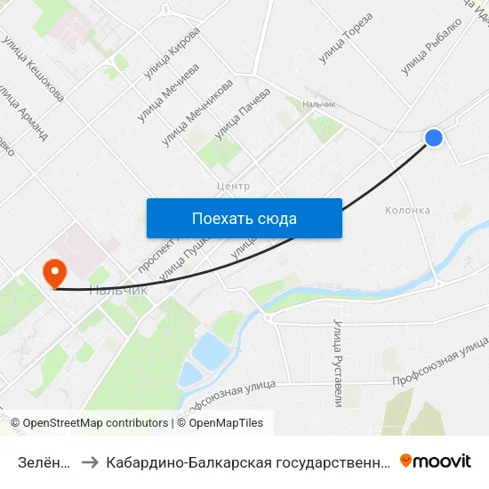 Зелёный Переулок to Кабардино-Балкарская государственная сельскохозяйственная академия имени В.М. Кокова. map