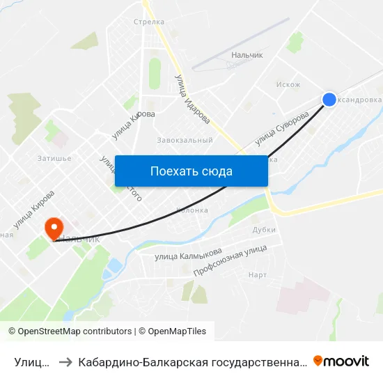 Улица Фанзиева to Кабардино-Балкарская государственная сельскохозяйственная академия имени В.М. Кокова. map