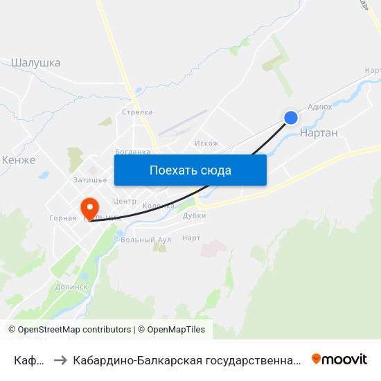 Кафе Корабль to Кабардино-Балкарская государственная сельскохозяйственная академия имени В.М. Кокова. map