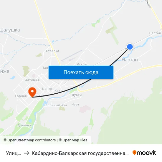 Улица Сатаней to Кабардино-Балкарская государственная сельскохозяйственная академия имени В.М. Кокова. map