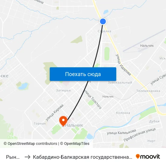 Рынок Стрелка to Кабардино-Балкарская государственная сельскохозяйственная академия имени В.М. Кокова. map