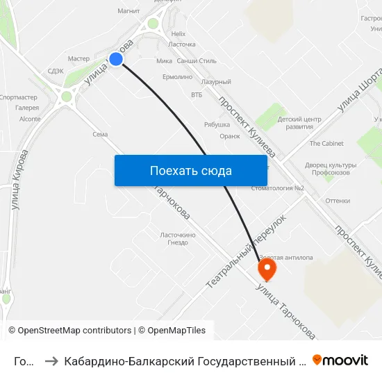 Горная to Кабардино-Балкарский Государственный Аграрный Университет map