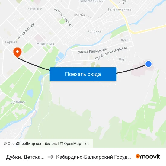 Дубки. Детская Поликлиника №2 to Кабардино-Балкарский Государственный Аграрный Университет map