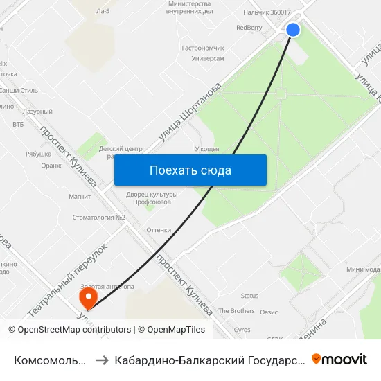 Комсомольская Площадь to Кабардино-Балкарский Государственный Аграрный Университет map
