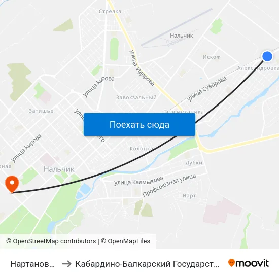 Нартановская Улица to Кабардино-Балкарский Государственный Аграрный Университет map