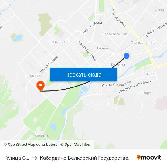 Улица Семашко to Кабардино-Балкарский Государственный Аграрный Университет map