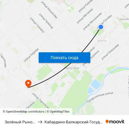 Зелёный Рынок / Сквер 400-Летия to Кабардино-Балкарский Государственный Аграрный Университет map