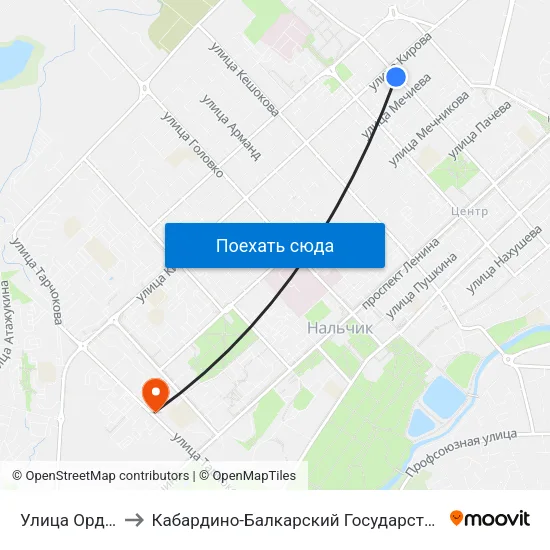 Улица Орджоникидзе to Кабардино-Балкарский Государственный Аграрный Университет map