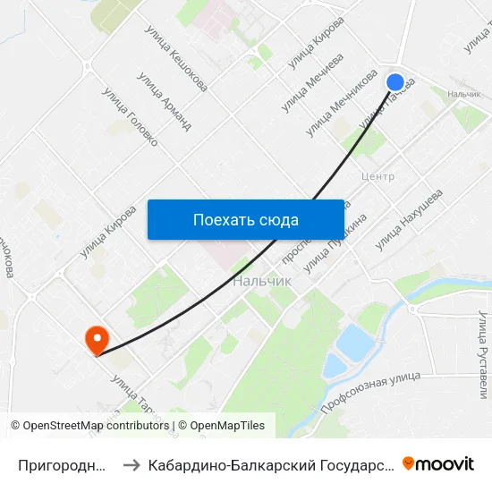 Пригородный Автовокзал to Кабардино-Балкарский Государственный Аграрный Университет map