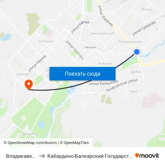 Владикавказский Мост to Кабардино-Балкарский Государственный Аграрный Университет map