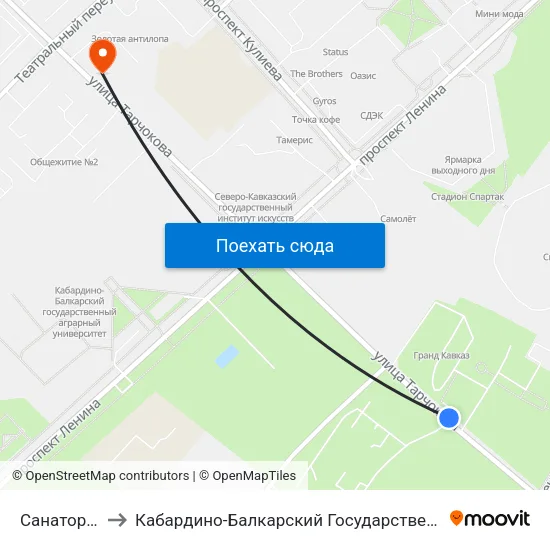 Санаторий Терек to Кабардино-Балкарский Государственный Аграрный Университет map