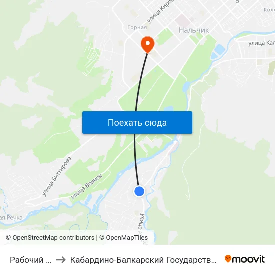 Рабочий Переулок to Кабардино-Балкарский Государственный Аграрный Университет map