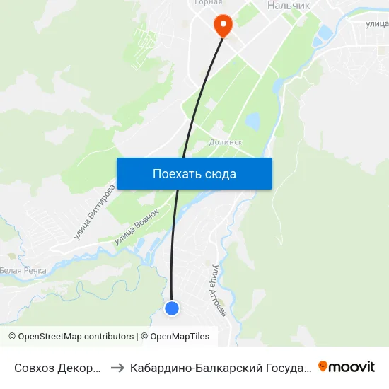 Совхоз Декоративные Культуры to Кабардино-Балкарский Государственный Аграрный Университет map