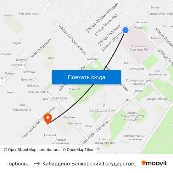 Горбольница №1 to Кабардино-Балкарский Государственный Аграрный Университет map