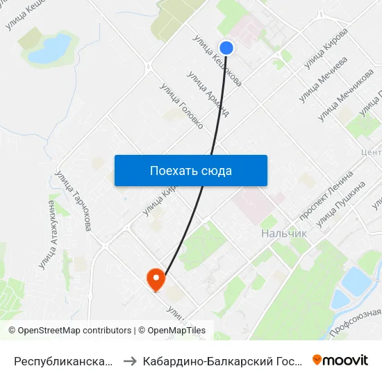 Республиканская Клиническая Больница to Кабардино-Балкарский Государственный Аграрный Университет map