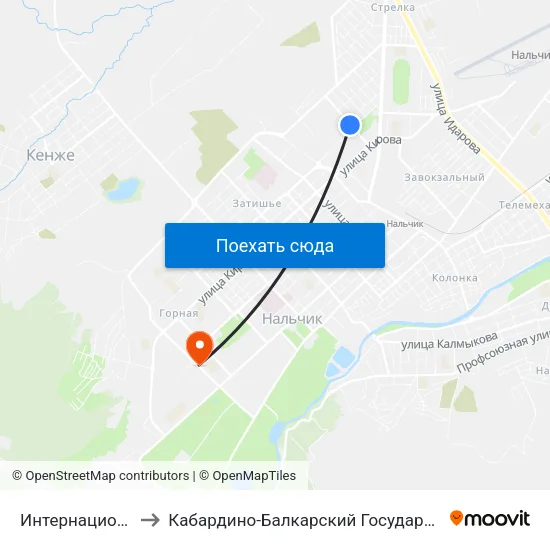 Интернациональная Улица to Кабардино-Балкарский Государственный Аграрный Университет map