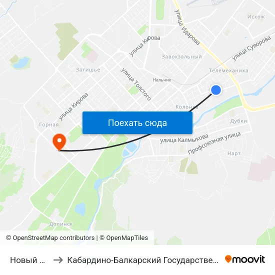 Новый Переулок to Кабардино-Балкарский Государственный Аграрный Университет map