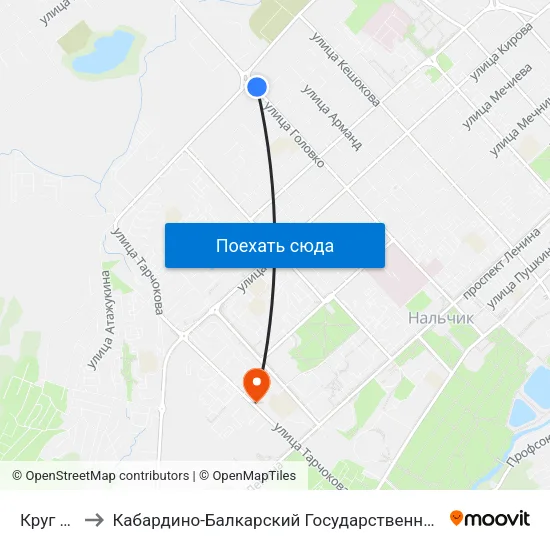 Круг Кенже to Кабардино-Балкарский Государственный Аграрный Университет map