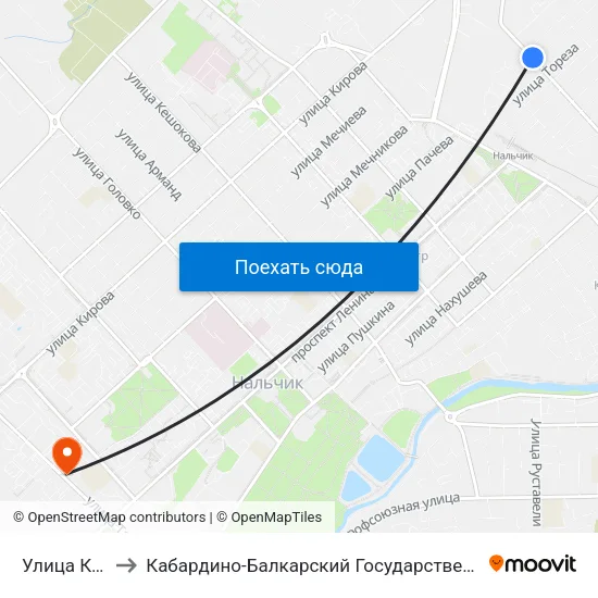 Улица Киримова to Кабардино-Балкарский Государственный Аграрный Университет map
