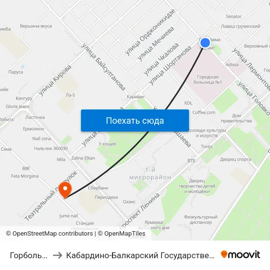 Горбольница №1 to Кабардино-Балкарский Государственный Аграрный Университет map