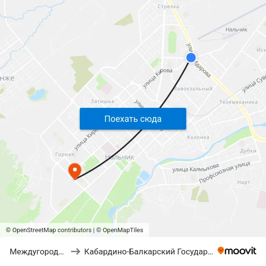 Междугородный Автовокзал to Кабардино-Балкарский Государственный Аграрный Университет map