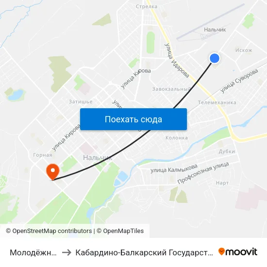 Молодёжная Площадь to Кабардино-Балкарский Государственный Аграрный Университет map