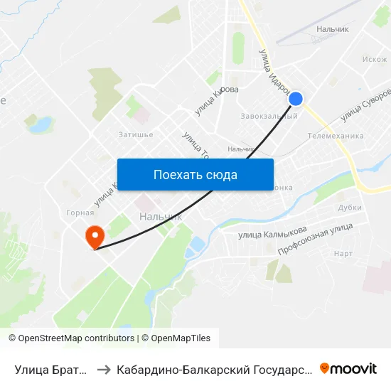 Улица Братьев Кушховых to Кабардино-Балкарский Государственный Аграрный Университет map