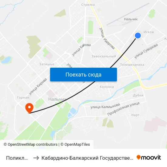 Поликлиника №2 to Кабардино-Балкарский Государственный Аграрный Университет map